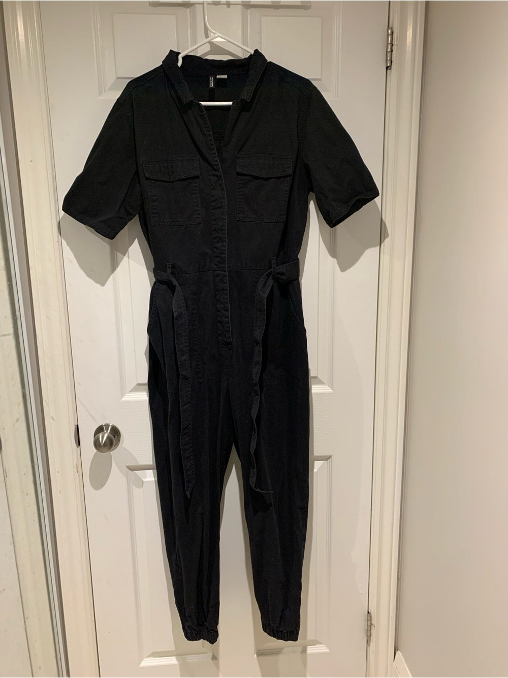 H&M Black Short-Sleeve Utility Jumpsuit with Tie Waist